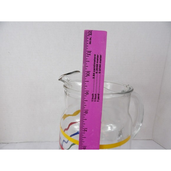 Retro Pitcher Anchor Hocking Fiesta  Glass Ice Lip Primary Rainbow Stripe 72 Oz - Picture 10 of 12